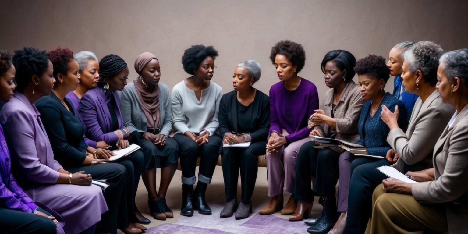 A solemn and intimate gathering of diverse individuals, seated in a circle, engaging in a thoughtful discussion on domestic violence awareness, set against a muted, earthy-toned background with subtle hints of purple, the internationally recognized color of domestic violence awareness. The participants' facial expressions convey empathy, concern, and determination, with varying skin tones and ages represented, including a few with visible signs of emotional distress. A few women have gentle, supportive hands placed on each other's shoulders or arms, while others hold pens, journals, or informative brochures. A subtle, muted color palette dominates the scene, with splashes of purple through flowers, clothing, or accessories, drawing attention to the importance of the conversation. Soft, natural lighting illuminates the group, evoking a sense of safety and trust. The overall atmosphere is one of respectful listening, open communication, and collective empowerment.