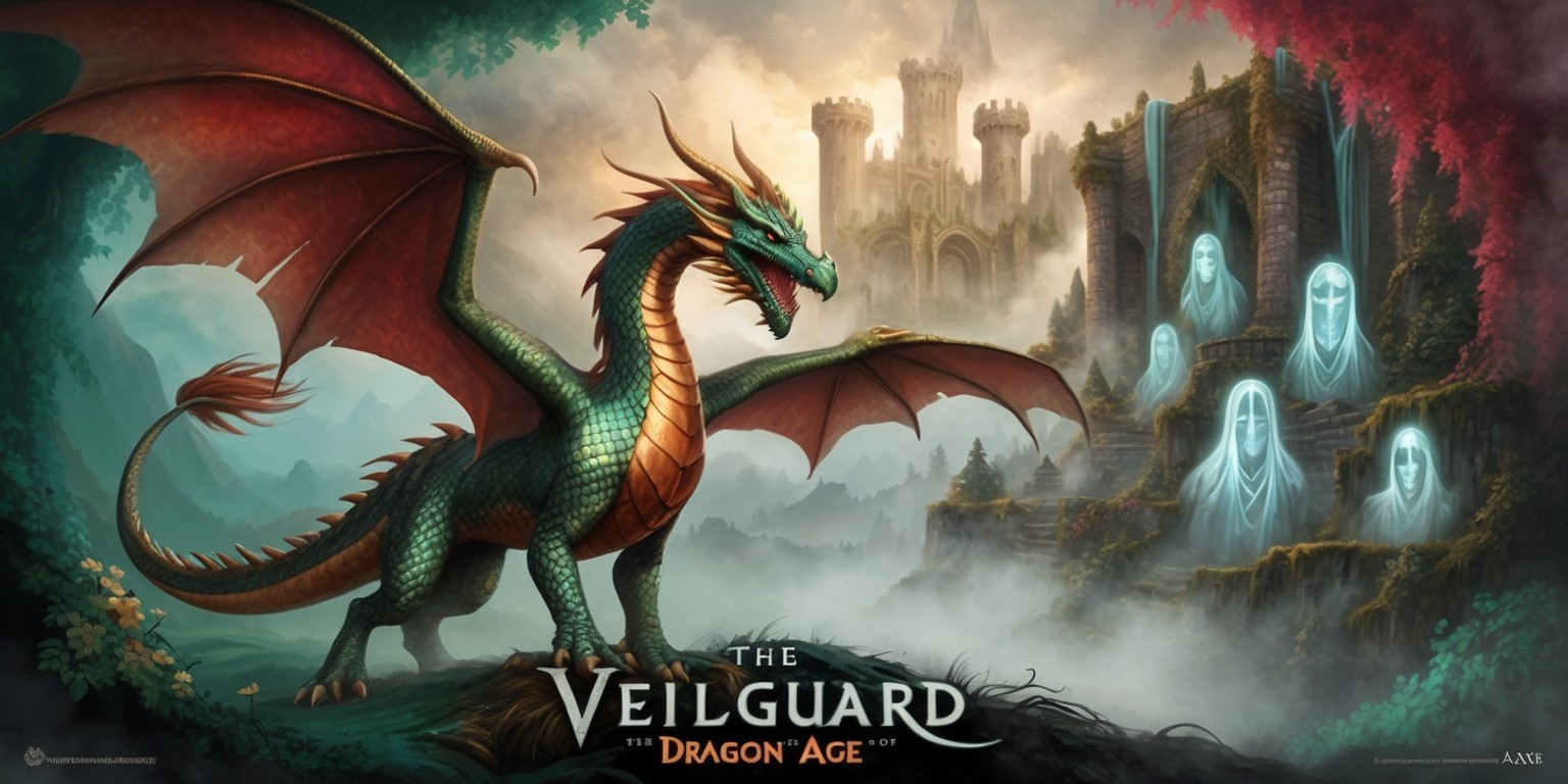 A sweeping fantasy illustration showcasing the grandeur of the Veilguard, a mystical realm from the Dragon Age universe, with an atmospheric mist-shrouded background in shades of emerald, crimson, and golden hues, evoking an air of mystery and ancient magic. In the foreground, a proud and regal dragon stands guard, its scales glimmering in shades of bronze, copper, and silver, with piercing emerald eyes and outstretched wings, as if protecting the secrets of the Veil. Amidst the mist, ghostly apparitions of Veilguard's ancient heroes linger, their faces obscured by hoods, with glowing runes etched into their misty forms. In the distance, the ruins of an ancient castle loom, overgrown with vines and moss, with crumbling stone walls and towers that seem to whisper forgotten tales. The overall style is reminiscent of medieval illuminated manuscripts, with intricate linework, ornate details, and a sense of worn, aged parchment.