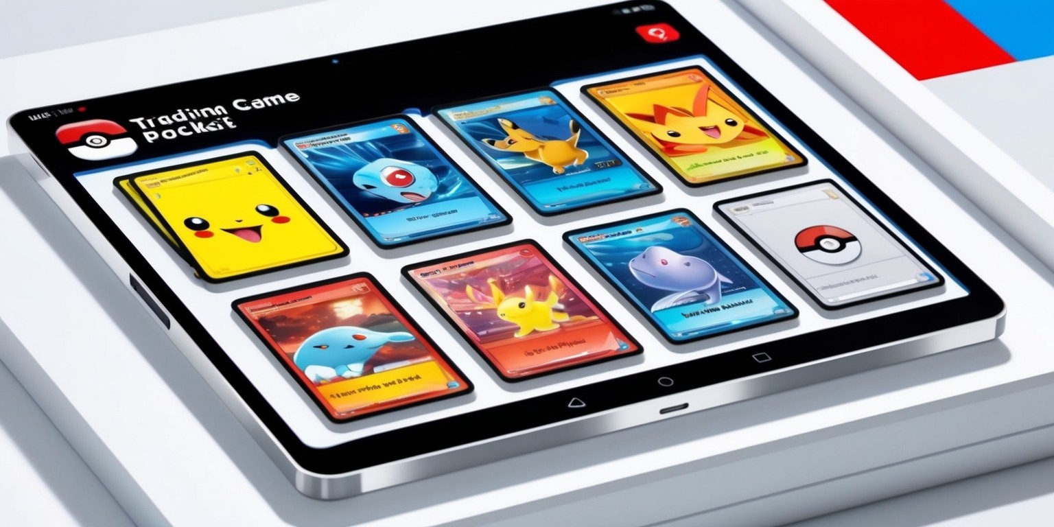 A sleek, modern digital illustration of the Pokémon Trading Card Game Pocket app, showcasing a vibrant, colorful layout with clean lines and minimalistic design elements, set against a crisp white or light gray background. The app's user interface is prominently displayed, featuring a range of iconic Pokémon characters, including Pikachu, Charizard, and Squirtle, each with distinct facial expressions and textures. The cards are arranged in a neat, organized grid, with subtle shadows and highlights giving them a lifelike appearance. The app's logo, a stylized, metallic Pokémon Trading Card Game emblem, sits at the top of the screen in a bold, silver font. The overall aesthetic is youthful, energetic, and engaging, inviting players to explore the vast world of Pokémon trading cards. The colors are bright and saturated, with a focus on shades of red, blue, and yellow, evoking a sense of excitement and adventure.