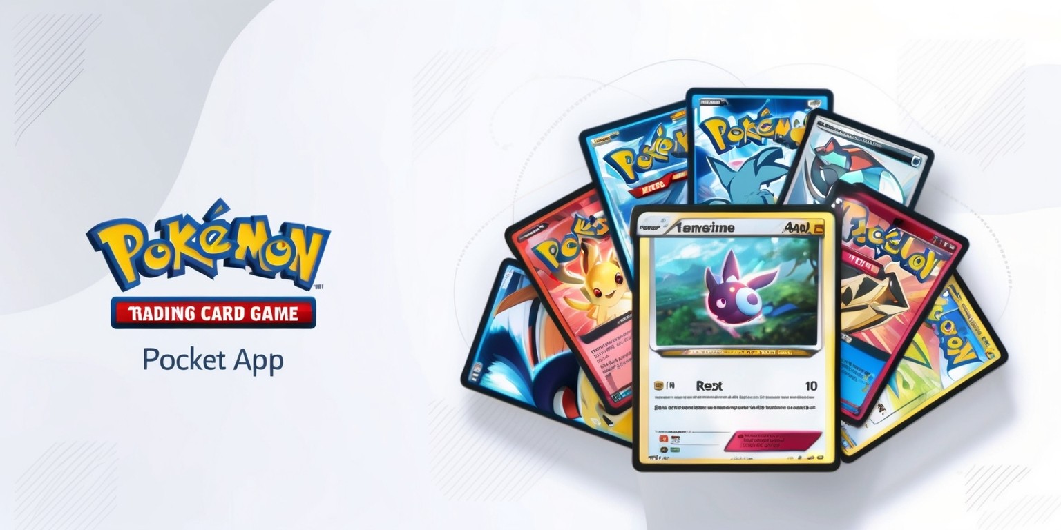 A beautifully designed digital illustration of the Pokémon Trading Card Game Pocket app, featuring a modern, sleek user interface with a clean white background and subtle gradient effects, showcasing a mix of Pokémon cards, including rare and legendary ones, with vibrant colors and intricate details, arranged in a deck or laid out on a virtual tabletop, with a few cards partially overlapped, and others fan-spread, with soft shadows and gentle highlights, incorporating the iconic Pokémon logo in a bold, red font with a white outline at the top, surrounded by intuitive menu buttons and navigation icons in a minimalist style, with subtle animations and visual effects to enhance the overall gaming experience.