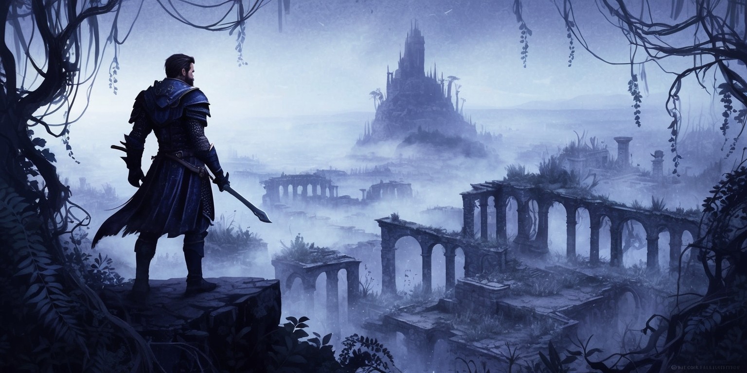 A hauntingly beautiful illustration of a fantastical world inspired by Dragon Age: The Veilguard game, set against a misty twilight sky with subtle hues of indigo and purple, evoking an atmosphere of mystery and adventure. In the foreground, a lone figure, a brave warrior cloaked in dark, weathered armor, stands atop a rugged cliff, gazing out into the unknown, their determined expression illuminated by the faint glow of luminescent markings etched into the armor. The landscape stretches out before them, a labyrinthine network of ancient ruins, overgrown with twisted vines and ferns, as wispy tendrils of the mysterious Veil wind their way through the crumbling structures. The entire scene is bathed in a soft, ethereal light, with intricate details and textures rendered in a mix of bold lines and delicate brushstrokes, reminiscent of a watercolor painting.