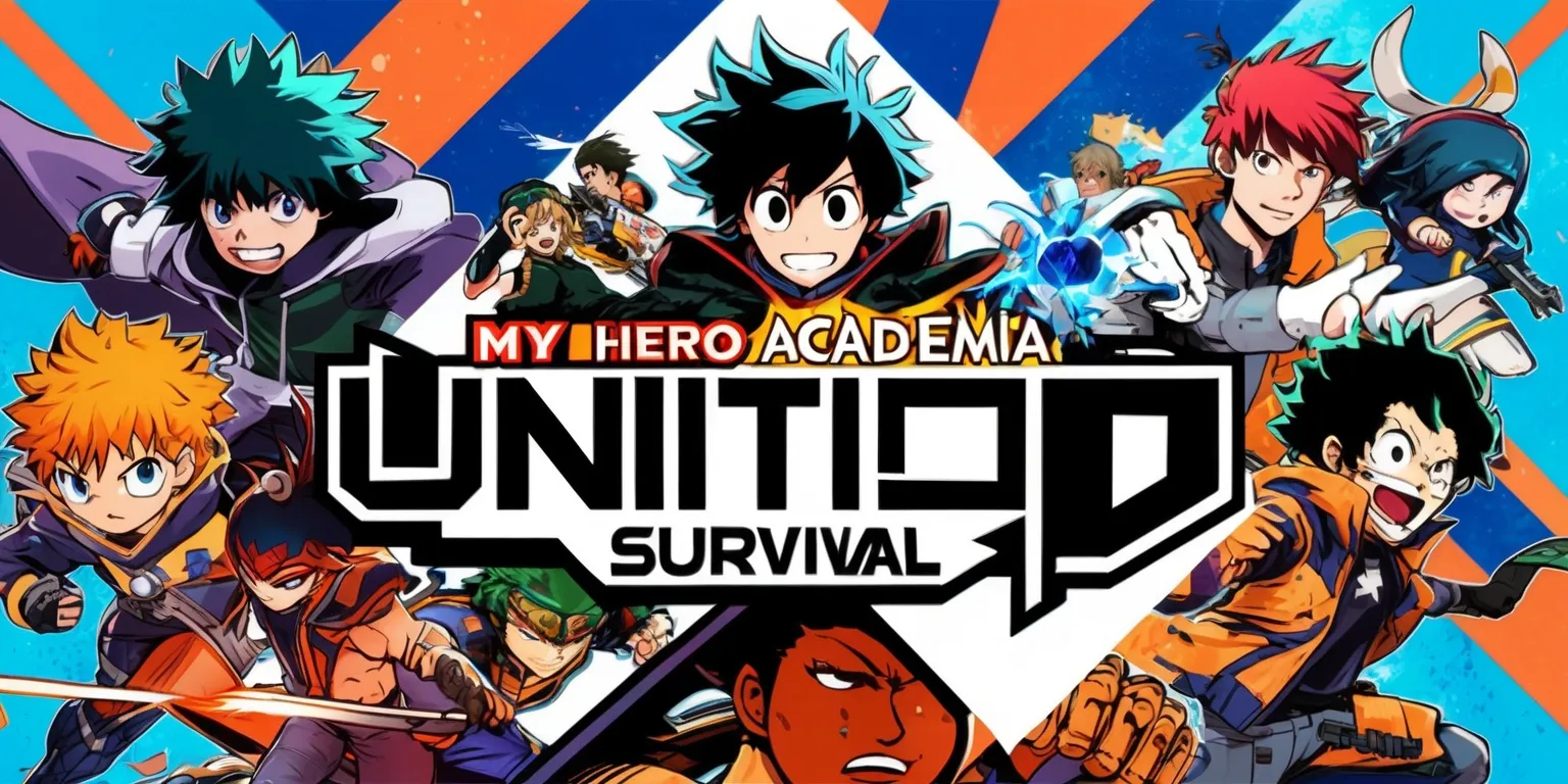 A vibrant and dynamic illustration of the popular My Hero Academia United Survival mobile game, featuring a diverse group of characters from the series, including Izuku Midoriya, Katsuki Bakugo, and Ochaco Uraraka, set against a bold and colorful background with a mix of blues and oranges, with the game's logo prominently displayed in a modern, stylized font, with sharp lines and angular shapes, and the characters showcasing their unique Quirks and abilities in a dramatic and action-packed scene, with intricate details and textures, and a sense of movement and energy, capturing the excitement and adventure of the game.