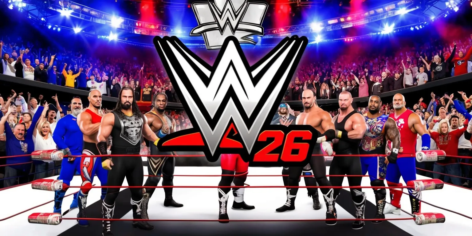 A high-definition promotional image for the WWE 2K26 video game, featuring a dramatic layout with a centered wrestling ring, surrounded by a packed arena with cheering fans of diverse age, skin color, and clothing, under a vibrant array of colors including bright blues, reds, and whites, with the game's logo prominently displayed in bold, metallic font with a silver and gold color scheme, incorporating the WWE's signature style and aesthetic, while highlighting several WWE superstars, each with unique facial features, attire, and wrestling gear, standing in the ring or on the turnbuckles, capturing the intensity and energy of a live wrestling event.