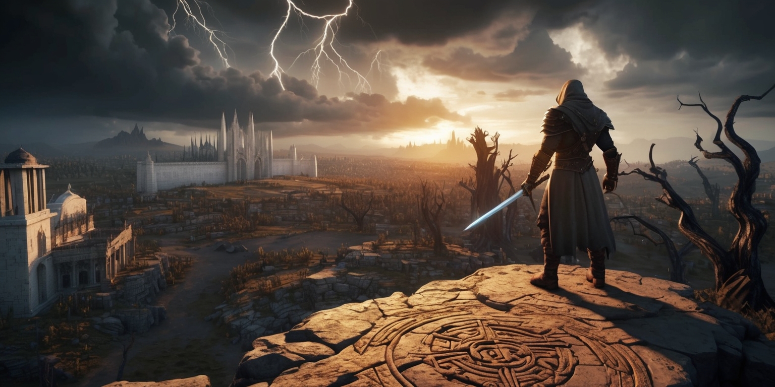 A sweeping, cinematic landscape of the post-apocalyptic world of Oblivion, set in the province of Cyrodiil, with the Imperial City's white stone walls and towering spires visible in the distance, surrounded by a devastated, war-torn environment with crumbling buildings, overgrown ruins, and twisted, blackened tree trunks, under a dark, foreboding sky with thick, grey clouds and flashes of lightning, illuminated by the warm, golden glow of the setting sun, with a lone, hooded figure, clad in worn, leather armor and wielding a sword, standing atop a rocky outcropping, gazing out upon the desolate landscape, with intricate, mystical symbols etched into the stone beneath their feet.