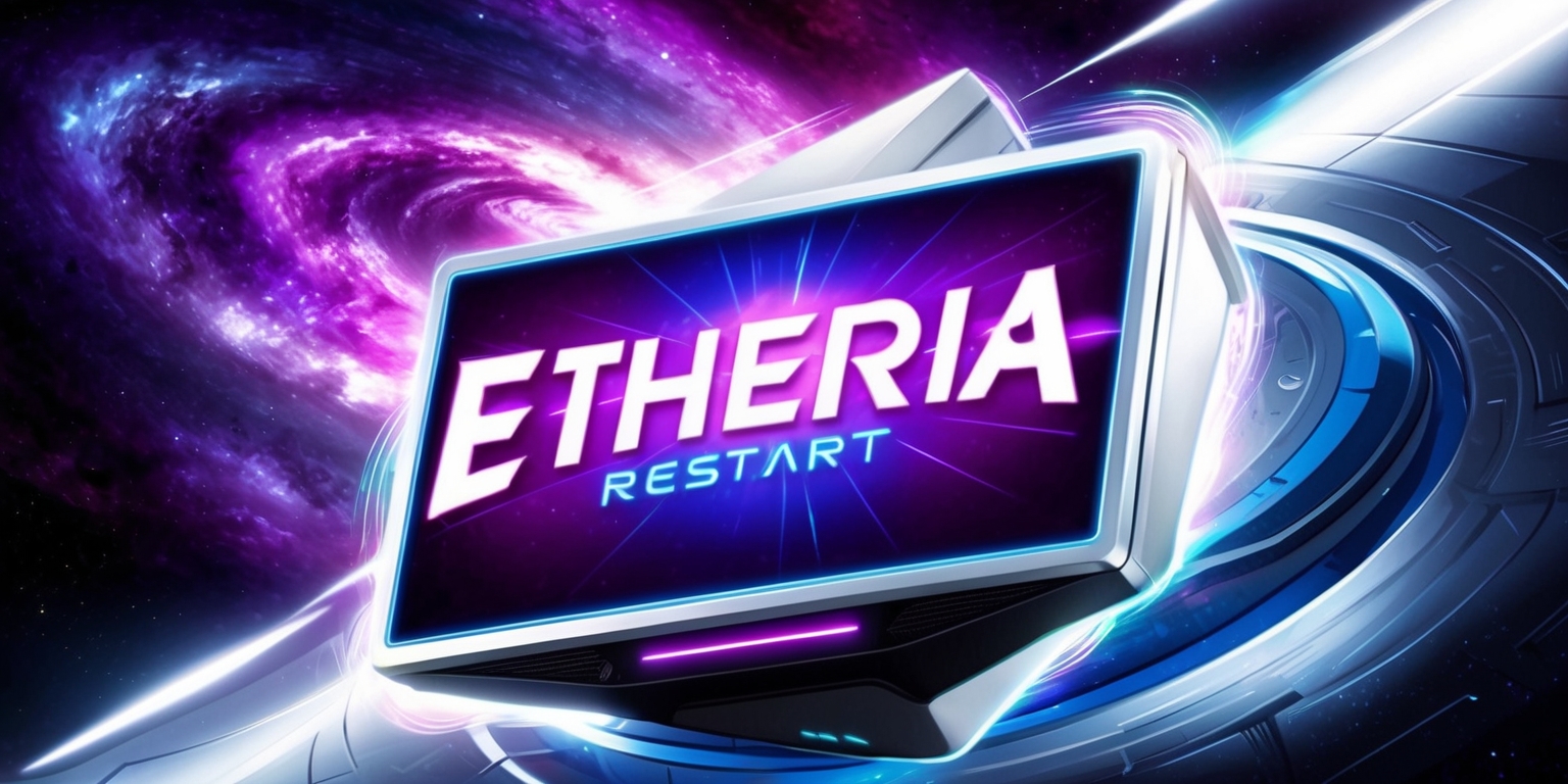 A vibrant, futuristic illustration depicting the restart of the Etheria game, set against a cosmic background with swirling galaxies and nebulae in shades of purple, blue, and silver. In the foreground, a sleek, modern console or gaming platform with a glowing screen displaying the Etheria logo in bold, neon-lit letters, surrounded by radiant, pulsing lights. The console is positioned at an angle, as if floating in mid-air, with a subtle glow emanating from its edges. The overall style is a fusion of sci-fi and retro-futurism, with clean lines, geometric shapes, and a sense of high-tech sophistication. The color palette is bright and energetic, with a focus on blues, purples, and silvers, evoking a sense of excitement and rebirth.