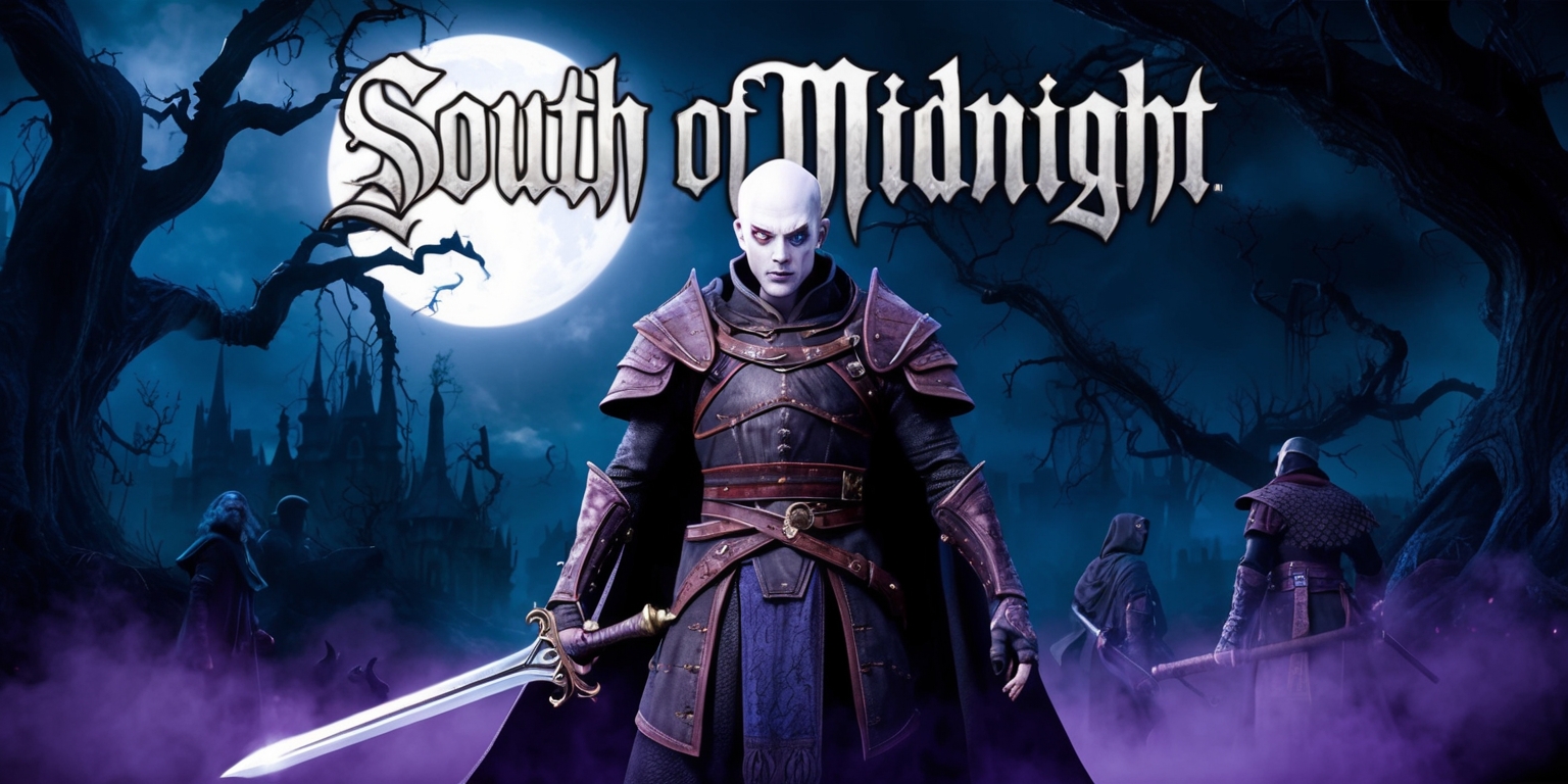 A dark fantasy video game scene from South of Midnight, set in a mystical realm with a haunting atmosphere, featuring a mix of medieval and horror elements, with a dominant color palette of deep blues and purples, and a sense of eerie mist surrounding the characters, including a central figure with pale skin and striking facial features, adorned in intricate leather armor, wielding a sword with an ornate hilt, standing in front of a haunting backdrop of twisted trees and a full moon, with the game's logo emblazoned in bold, gothic letters across the top of the scene, in a metallic silver color that seems to shimmer in the faint moonlight.