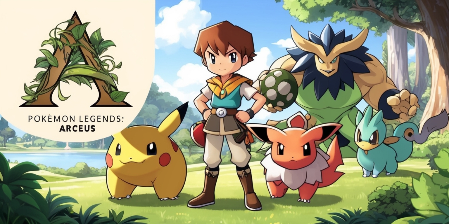 A vibrant and detailed illustration of the Pokémon Legends: Arceus game, set in a beautiful and expansive environment with lush green landscapes, towering trees, and a serene lake in the background, featuring the game's protagonist, a young trainer with a determined expression, short brown hair, and a kind face, wearing the game's signature outfit, standing confidently with their trusty Poké Ball belt, surrounded by a few of their loyal Pokémon, including a majestic Arcanic Arceus, a brave Hisuian Growlithe, and a swift Hisuian Zoroark, all with unique textures and intricate designs, with the game's logo, a stylized letter A made of leaves and vines, prominently displayed in the top left corner, in a warm and earthy color scheme with shades of green, brown, and beige, and a sense of adventure and excitement emanating from the entire scene.