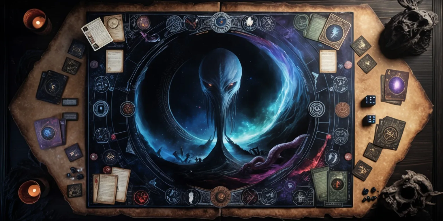 A richly detailed cosmic horror board game displayed from a three-quarter overhead view, featuring an ominous game board covered in ancient symbols, star charts, forbidden ritual markings, winding pathways, and weathered parchment textures. Intricate cards, dark dice, miniature investigators, grotesque otherworldly creatures, and strange artifact tokens are arranged across the board. The central illustration depicts a vast alien entity emerging from a swirling indigo and black nebula, surrounded by impossible geometric forms and distant dying stars. Moody dramatic lighting, deep blue, violet, crimson, and sickly green accents, subtle candlelit shadows, aged wood and occult atmosphere, premium tabletop game art, highly detailed painted fantasy style, cinematic composition, eerie and unsettling but elegant, with clearly readable fictional title text reading Cosmic Horror in distressed antique lettering.