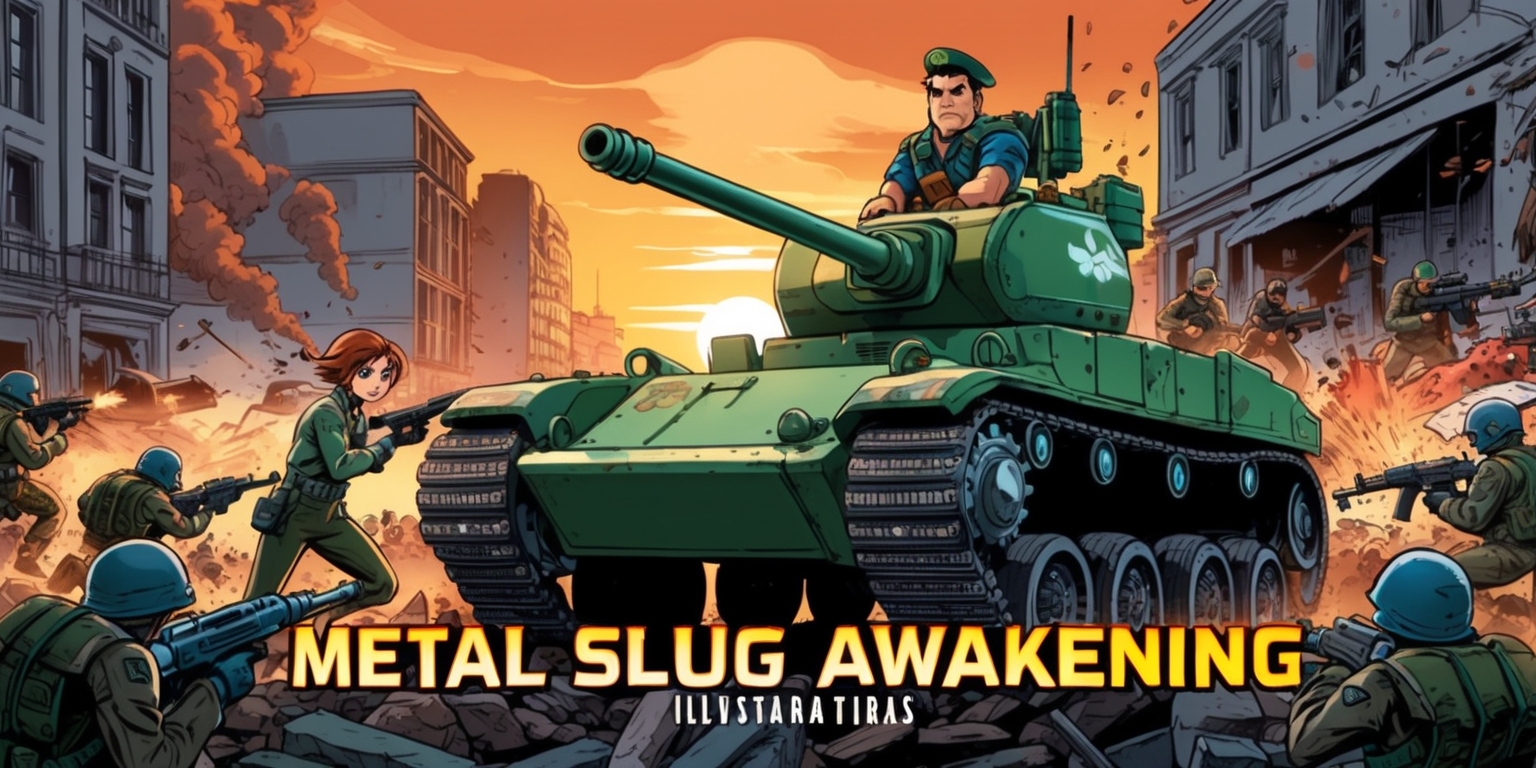 A highly detailed, vibrant, and action-packed illustration of a fictional game titled Metal Slug Awakening, set in a war-torn city during sunset, with a warm orange sky and dark grey buildings in the background, showcasing the iconic Metal Slug tank, a sturdy, metallic behemoth with a powerful cannon and caterpillar tracks, taking center stage amidst the chaos, surrounded by explosions, smoke, and debris, with soldiers and rebels engaged in an intense battle, featuring Marco Rossi, the protagonist, with his signature green beret, rugged facial features, and a determined expression, standing atop the tank, wielding a heavy machine gun, with Fio Germi, his trusted ally, crouching beside him, with her short, curly brown hair and striking blue eyes, while enemy soldiers and mechs are scattered around, with a hint of destruction and mayhem, all rendered in a comic book-inspired style with bold lines, vibrant colors, and dynamic composition, evoking a sense of high-octane energy and intense action.