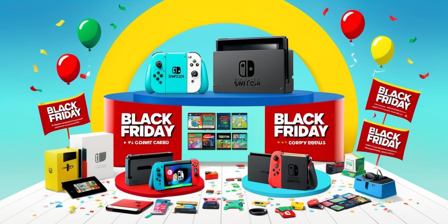 A bold, colorful illustration of a festive holiday shopping scene, set against a bright, gradient blue background, with a prominent display of Nintendo consoles, games, and accessories at the center, surrounded by enticing Black Friday deals and discounts banners, in a modern, clean, and minimalistic style, with bold, white, sans-serif font highlighting the deals, and a few scattered joyful, cartoon-style confetti pieces and balloons in red, yellow, and green, adding a touch of playfulness, with a single, prominent, eye-catching Nintendo Switch console at the top, with a few popular games and their logos, such as Mario Kart, Zelda, and Super Smash Bros, displayed prominently around it, in a circular, radial layout.