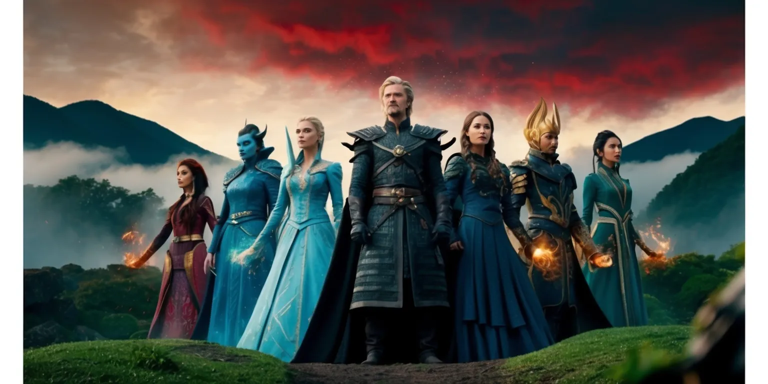 A dramatic scene from the final season of a fantasy TV series, with a misty mountain range in the background, featuring a cast of characters with unique magical abilities, dressed in elaborate costumes with intricate details, set against a richly colored sky with hues of crimson and gold, as the characters stand together, united against an impending darkness, with a mix of determined and concerned facial expressions, and a subtle glow of magical energy emanating from their hands and surroundings, with the camera framed to capture the intensity of the moment, and the fantasy world's lush landscape.