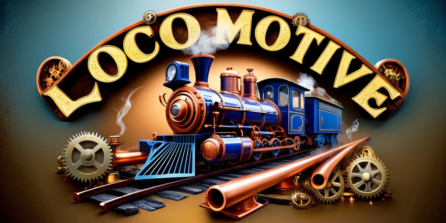 A vibrant, retro-futuristic illustration of a steampunk-inspired locomotive, surrounded by intricate gears, copper pipes, and vintage machinery parts, with a hint of mysticism and anticipation, set against a warm, gradient blue and bronze background, evoking a sense of adventure and discovery, with the words Loco Motive emblazoned in bold, curved, golden lettering, adorned with intricate filigree patterns, across the top of the image, as if etched onto a vintage wooden sign, with subtle steam effects and soft, warm lighting that suggests a sense of nostalgia and wonder.