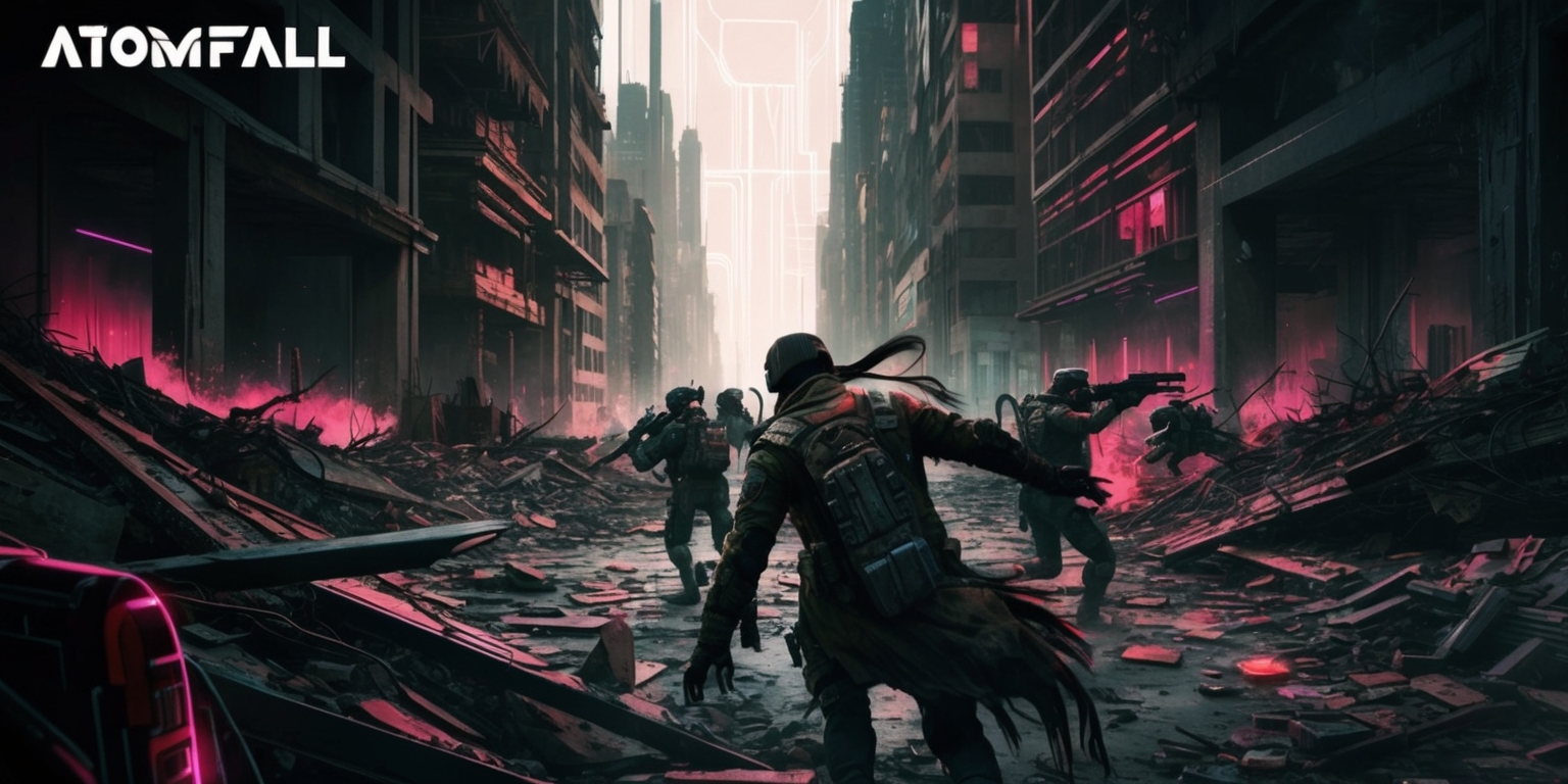 A futuristic apocalyptic scene from the Atomfall game, with a dark and gritty atmosphere, set in a ravaged cityscape with destroyed buildings and debris-filled streets, featuring a mix of muted earthy tones and neon accents, in a stylized digital art style with bold lines and vibrant textures, with a sense of intensity and chaos, and a focal point on a lone survivor or a group of characters in the midst of a desperate struggle, with detailed facial features, worn and tattered clothing, and a sense of determination and urgency, surrounded by the ruins of a once-great city, with a bold and dramatic lighting scheme, and a composition that conveys the sense of danger and uncertainty that pervades the game.