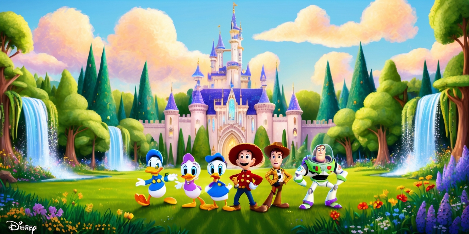 A vibrant and whimsical digital artwork depicting the enchanting world of Disney Dreamlight Valley, set against a warm and sunny sky with fluffy white clouds, featuring a variety of beloved Disney characters, such as Scrooge McDuck, Woody, and Buzz Lightyear, standing together in a lush green meadow surrounded by tall trees, sparkling waterfalls, and colorful wildflowers, with a beautiful, shimmering castle in the background, intricately designed with stained glass windows, tall spires, and a grand entrance, all rendered in a stunning, detailed, and fantastical style, with a mix of soft and bold colors, including shades of blue, green, yellow, and purple, and a sense of adventure and magic in the air.