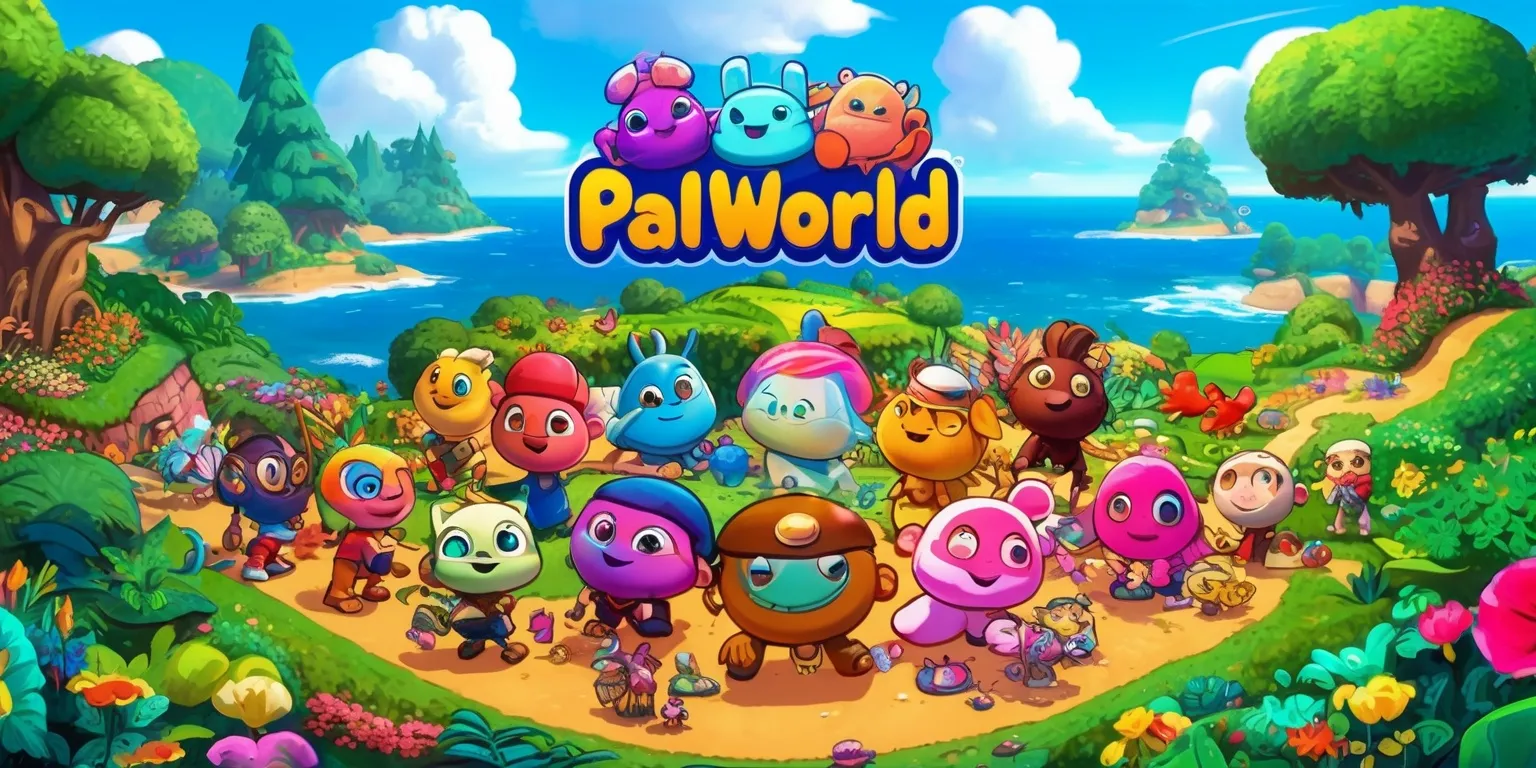 A vibrant and colorful digital illustration of the Palworld game, featuring a diverse group of Pals, each with unique facial features, skin colors, and attributes, set against a backdrop of lush green forests, rolling hills, and vast oceans, with a bright blue sky and fluffy white clouds, the Pals are engaged in various activities such as playing, exploring, and interacting with their surroundings, the scene is filled with lush vegetation, colorful flowers, and towering trees, the overall style is reminiscent of a whimsical anime or manga, with bold lines, intricate details, and a mix of realistic and fantastical elements, the colors are rich and saturated, with a focus on pastel shades, neon hues, and earthy tones, the layout is dynamic, with a sense of movement and energy, and the framing is cinematic, with a shallow depth of field and a sense of depth and dimensionality.
