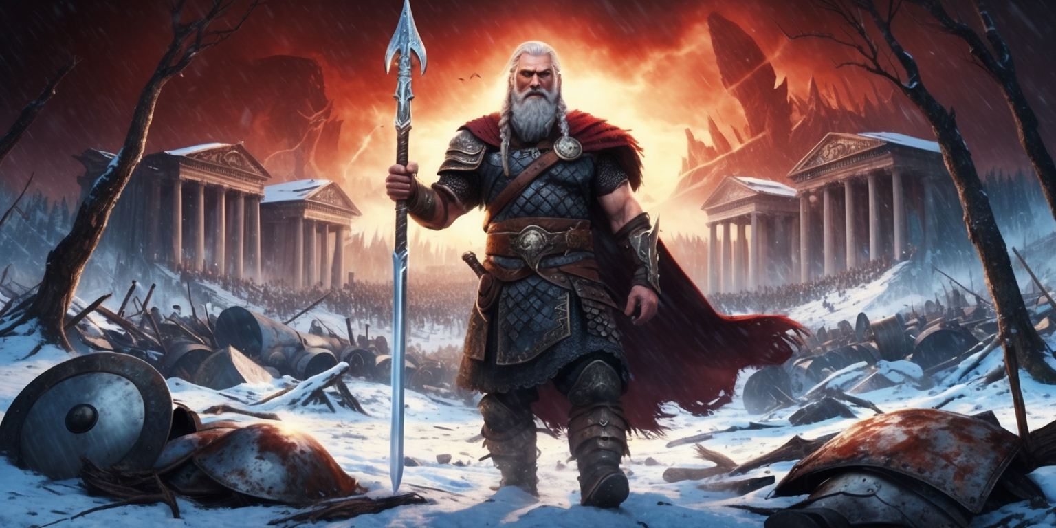 A dramatic, atmospheric illustration depicting Odin, the All-Father, standing triumphantly in the midst of a ravaged, snow-covered battlefield, with the ruins of Valhalla's grand halls and toppled trees surrounding him, set against a backdrop of a fiery, blood-orange sky. Odin's stern, aged face with a long, braided beard and a missing eye, clad in worn, mythical armor adorned with intricate Norse patterns, holds a gleaming silver spear, its tip pointed towards the heavens. In the foreground, fragments of shattered shields and rusty armor lie scattered, while the distant, eerie silhouettes of Ragnarok's giants loom in the horizon, shrouded in mist. The art style blends gritty, hand-drawn textures with vibrant, cinematic colors, evoking a sense of intense, mythological action.