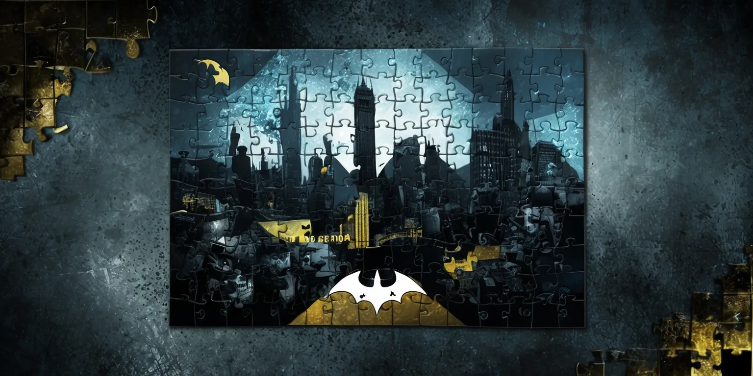 A dark and moody digital illustration of a Gotham City puzzle game, with a bold and intricate layout, featuring a mix of gloomy blues and greys, with hints of golden yellow, set against a gritty, textured background, with the Gotham City skyline prominent in the scene, including iconic buildings and landmarks, with a variety of puzzle pieces in different shapes and sizes, some with images of Batman and other characters from the Gotham universe, with a sense of mystery and challenge, and a faint Bat symbol in the center of the puzzle, with a subtle gradient effect to give the image depth and dimension.