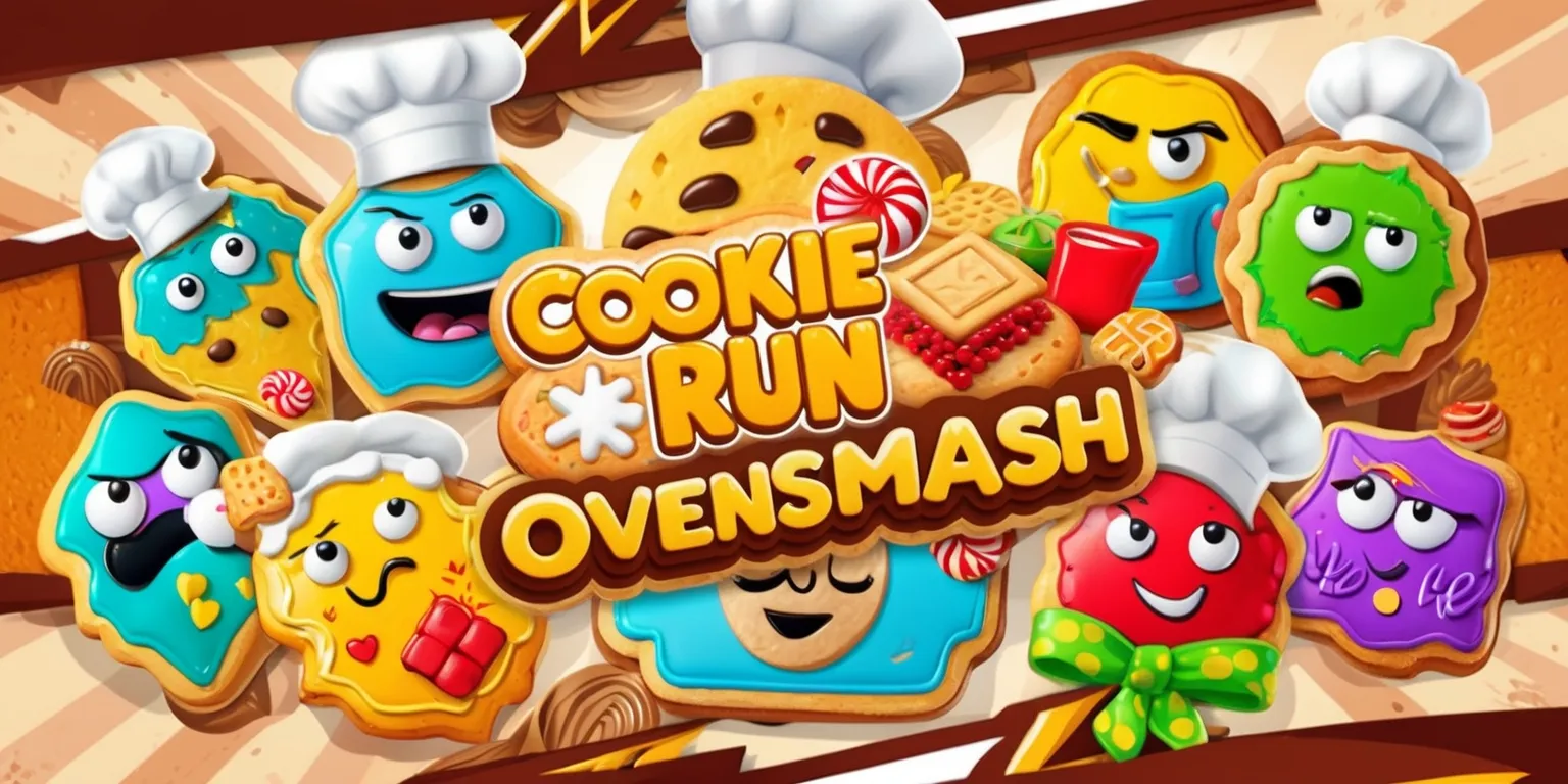 A vibrant and dynamic scene from the Cookie Run: OvenSmash game, featuring a variety of colorful cookies with unique designs and expressions, set against a warm and inviting background with hints of golden brown and creamy white, with bold lines and textures, and a mix of energetic and playful typography, including the game's logo in a bright, sugary font, with cookies of different shapes and sizes, some with big smiles and others with determined looks, and a few with distinctive accessories like chef hats or candy pieces, all coming together to create a lively and appetizing atmosphere.