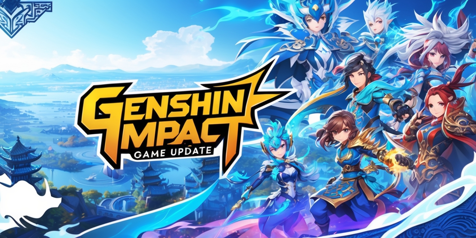 A vibrant digital illustration depicting a Genshin Impact game update, featuring a mix of fantasy characters and landscapes from the game, with a dominant color palette of blues and whites to represent the update's theme, set against a stylized backdrop of Teyvat's vast environments, incorporating intricate details such as the characters' unique elemental abilities and outfits, with bold typography and the Genshin Impact logo prominently displayed in a bright, eye-catching font, surrounded by subtle hints of Chinese-inspired architectural elements and mystical accents that reflect the game's rich cultural heritage.
