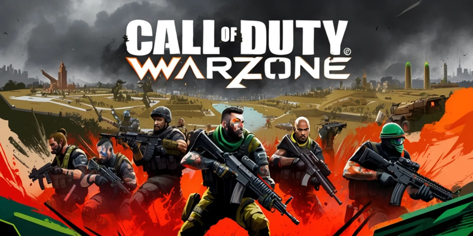 A visually striking digital illustration of a chaotic war scene from the Call of Duty: Warzone game, with a massive map in the background, featuring various landmarks and structures, set against a backdrop of a dense, grey, and cloudy sky, with a mix of vibrant and muted colors, including shades of green, brown, and beige, and an abundance of explosive orange and red hues, with soldiers clad in tactical gear and armed with rifles, with diverse facial features, skin colors, and unique attributes, such as tattoos, scars, and headgear, with a bold, modern, and futuristic style, and a dynamic layout, with a shallow depth of field, focusing on the intense action in the foreground, and a mixture of sharp lines, and smooth textures, with the Call of Duty: Warzone logo prominently displayed in a bold, silver, and metallic font, with a subtle gradient effect.