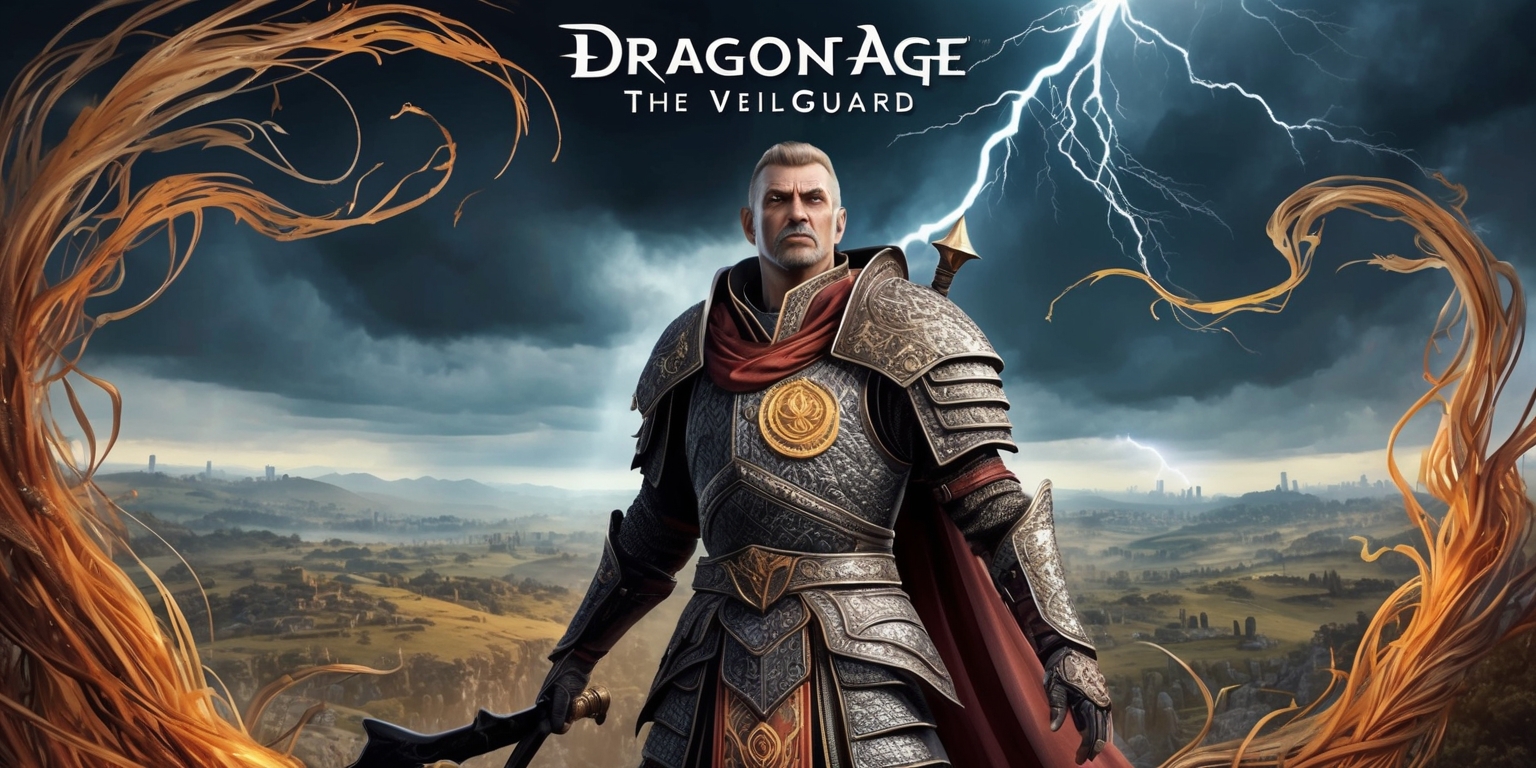 A majestic, sweeping illustration of the world of Thedas from the Dragon Age: The Veilguard game, set against a backdrop of a stormy, darkened sky with flashes of lightning illuminating the landscape. In the foreground, a heroic-looking Inquisitor stands proudly, clad in intricately detailed armor adorned with the emblem of the Veilguard, a mystical organization tasked with protecting the mortal realm from the forces of the Fade. The Inquisitor's determined facial expression, with a strong jawline and piercing eyes, exudes courage and conviction. Surrounding them are wispy, ethereal tendrils of the Fade, swirling with an otherworldly energy. The color palette is a mix of muted, earthy tones, with splashes of fiery orange and gold, evoking a sense of ancient, mystical power. The overall style is a blend of medieval fantasy and gothic horror, with intricate linework and ornate details reminiscent of illuminated manuscripts.