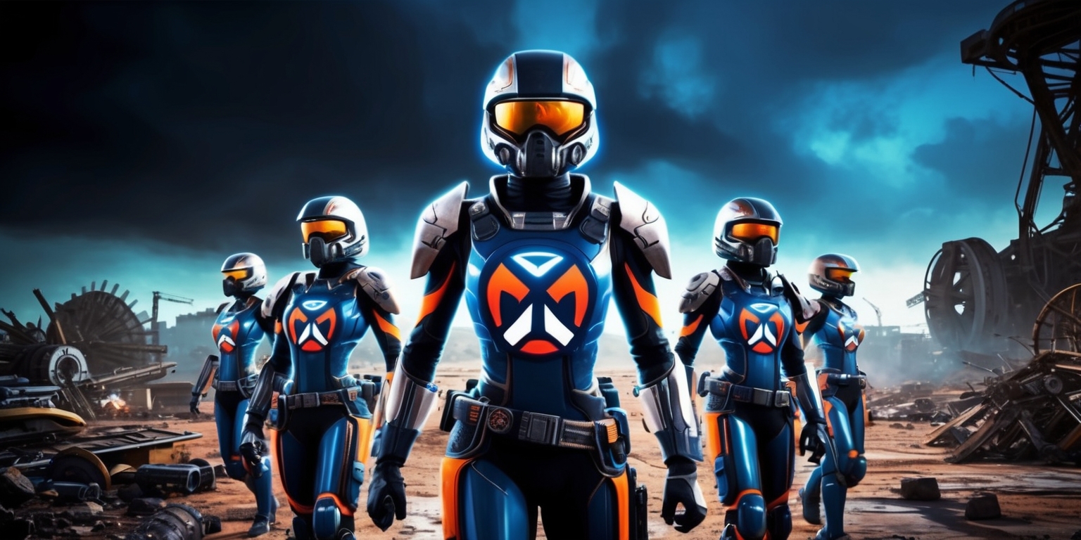 A futuristic sci-fi scene depicting a group of Arc Raiders from the game, set against a desolate post-apocalyptic landscape with a dark and ominous sky, featuring a mix of rugged terrain and abandoned machinery, with the raiders standing heroically in the foreground, wearing sleek high-tech suits with metallic accents and bold color schemes, their faces obscured by masks and helmets, with intricate details on their armor and equipment, and a large stylized logo of the Arc Raiders emblem prominently displayed on their chests or helmets, in a vibrant and dynamic color palette with shades of blue, orange, and purple, with bold lines and sharp textures, and a sense of intense energy and action emanating from the scene.