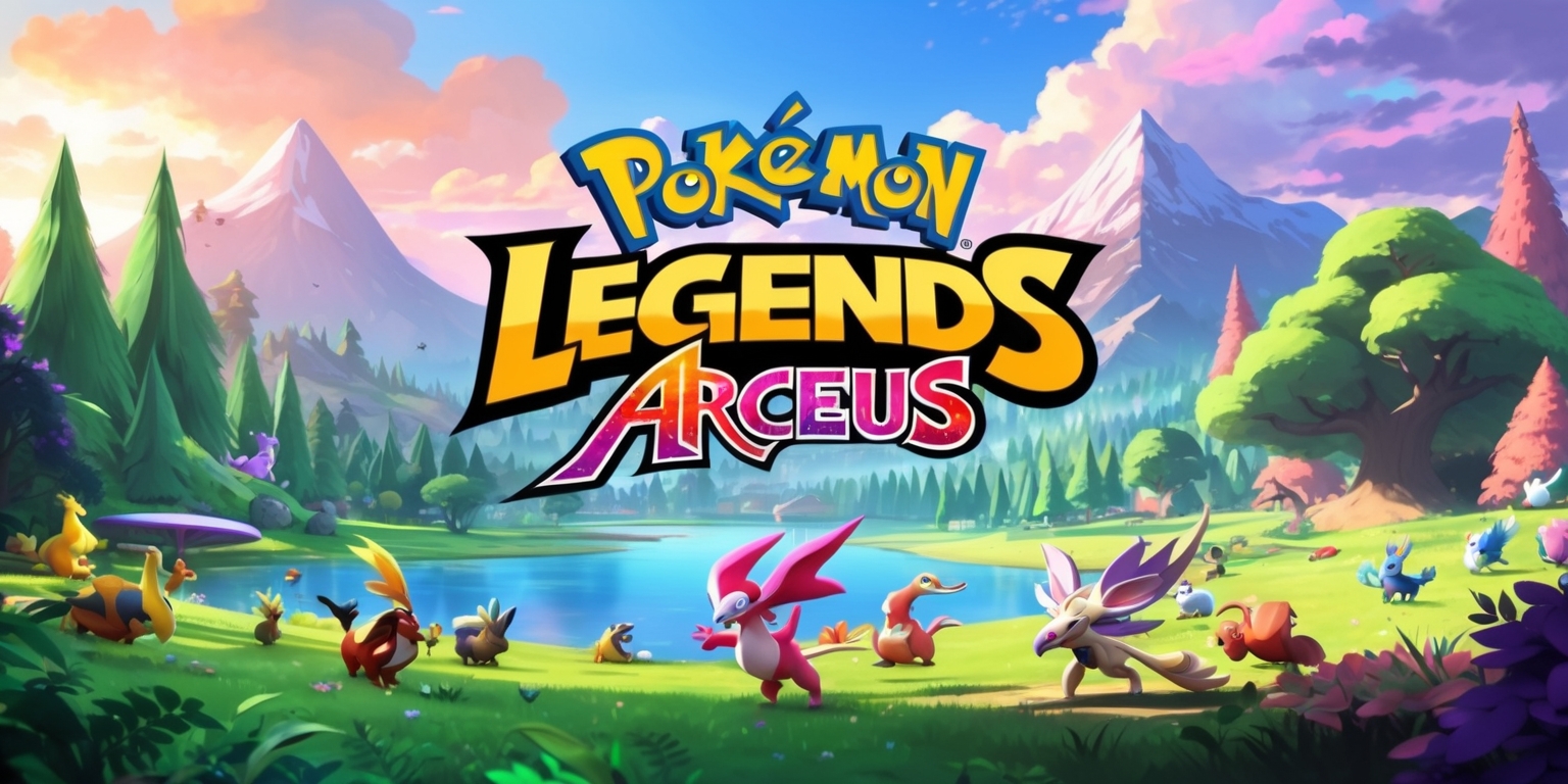 A vibrant digital illustration of the Pokémon Legends: Arceus game, featuring a sprawling landscape with lush green forests, majestic mountains, and a serene lake, set against a warm sunset backdrop with hues of orange, pink, and purple, with the game's logo prominently displayed in bold, golden font, with the words Pokémon Legends: Arceus written in a curved line above a stylized, mythical Pokémon, amidst a flurry of wild Pokémon roaming freely, including a few recognizable characters from the game, with the overall atmosphere exuding a sense of adventure, exploration, and discovery, with intricate details and textures that bring the game's world to life.
