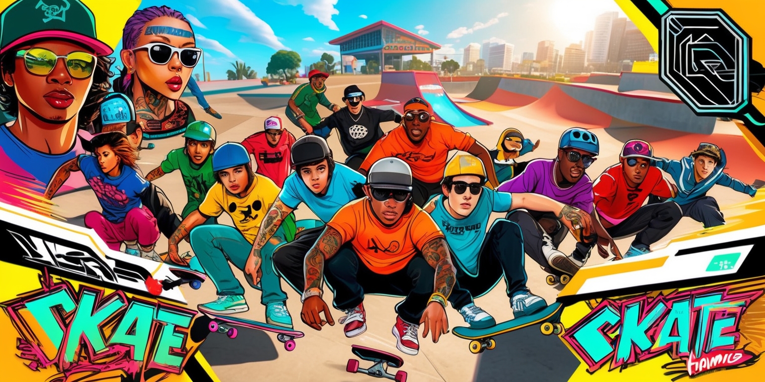 A dynamic and vibrant digital illustration of a skate game, set against a warm and sunny urban backdrop with concrete skate parks, ramps, and halfpipes, featuring a diverse group of skaters with varying facial features, skin colors, and unique attributes, such as tattoos, hats, and sunglasses, all engaged in thrilling skateboarding actions, with a focus on bold lines, bright colors, and stylized graphics, incorporating iconic skate culture symbols, logos, and text in a futuristic, graffiti-inspired font, with the overall composition emphasizing energy, movement, and excitement, and the layout balanced with a mix of close-up skater portraits and widescreen cityscape views, all blending together to create an immersive and captivating visual experience.