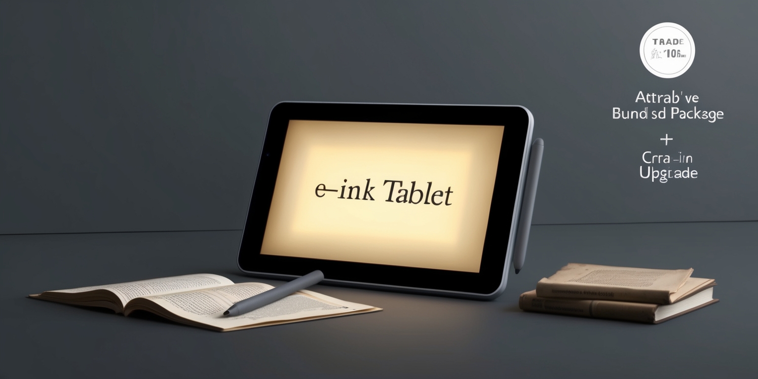 A sleek, modern e-ink tablet is centered on a minimalist, dark gray background, its 10-inch display glowing softly with a warm, high-contrast screen showcasing a crisp, serif font. The device's slender, curved edges and rounded corners are rendered in a durable, matte-finish polymer, with a subtle, textured grip on the back. A premium, charcoal-gray stylus lies adjacent, its precision tip and ergonomic design evoking a sense of sophistication. To the side, a few, carefully selected, high-quality e-books and digital publications are displayed, their covers rendered in muted, earthy tones, with a few, strategically placed, dog-eared pages and subtle, digital annotations. In the corner, a discreet, silver trade-in logo and a few, elegant, cursive lines of text highlight the attractive, bundled package and upgrade options, while a hint of subtle, ambient lighting suggests a quiet, studious atmosphere.