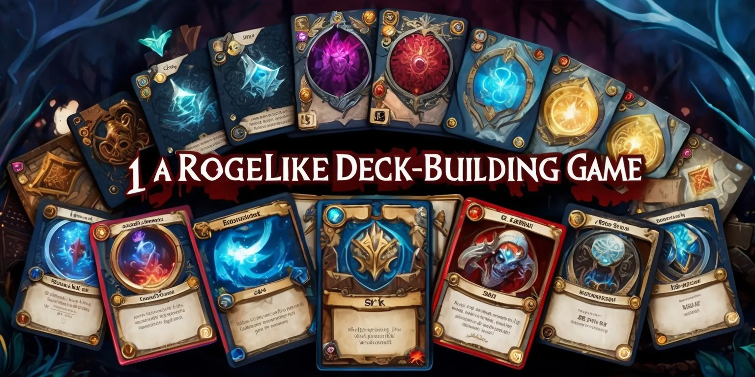 A vibrant illustration of a roguelike deck-building game, showcasing a vast array of cards with intricate designs, set against a dark fantasy background with subtle hints of magic and adventure, the cards themselves featuring a mix of medieval and mystical elements, with golden accents and bold typography, the overall style reminiscent of a classic tabletop game, with a sense of depth and dimensionality, as if the cards are about to come to life, the color palette rich and evocative, with shades of indigo, crimson, and silver, inviting the viewer to step into the world of the game, with intricate details and subtle textures that evoke a sense of worn leather and parchment.