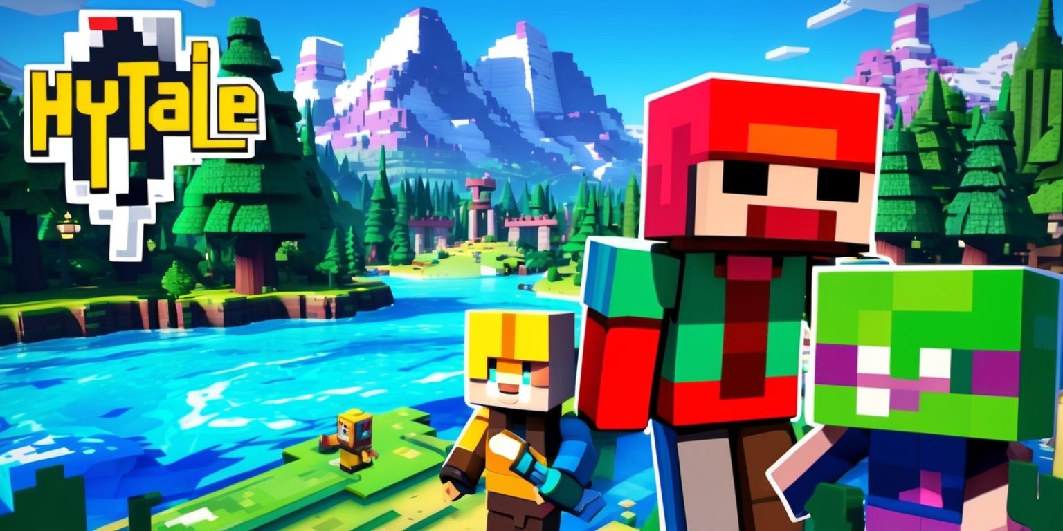 A vibrant digital artwork depicting a scene from the Hytale game, with a mix of fantasy and adventure elements, featuring blocky pixelated characters and environments, set against a backdrop of lush green forests, majestic mountains, and shimmering blue waters, with a bright and colorful palette, bold lines, and intricate details, showcasing the game's unique low-poly aesthetic, with characters having distinct facial features, varied skin colors, and unique attributes, and incorporating the Hytale logo in a stylized, modern font, with a sense of excitement, wonder, and discovery, inviting the viewer to explore the world of Hytale.