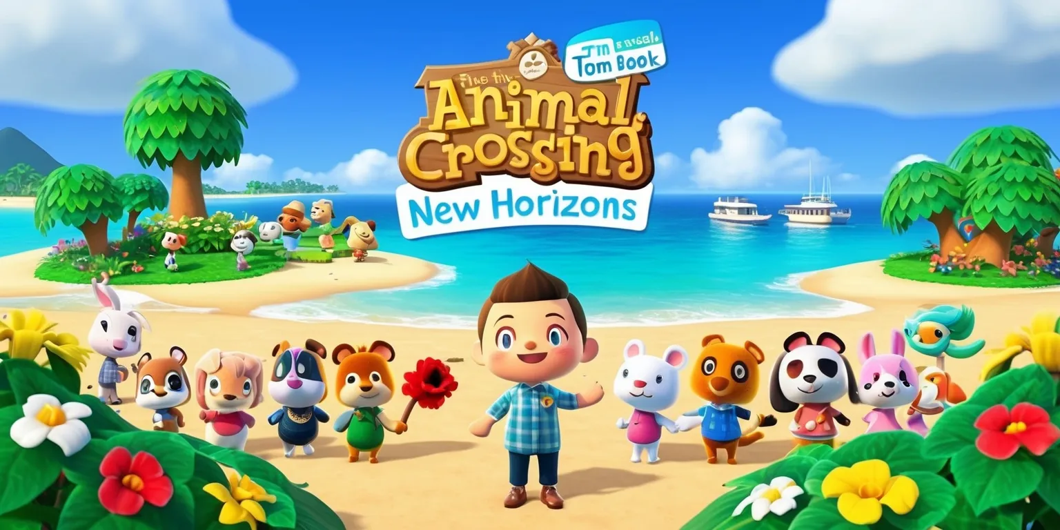 A vibrant and colorful digital illustration of the Animal Crossing: New Horizons game, featuring Tom Nook standing in front of a beautifully designed island getaway, surrounded by lush green trees, bright flowers, and a clear blue sky with a few puffy white clouds, with a variety of adorable animals including K.K. Slider, Isabelle, and other beloved characters, all with unique facial features and expressions, set against a stunning sandy beach with crystal clear turquoise water and a few boats docked in the distance, with the game's logo prominently displayed in a fun, playful font with bold letters and bright colors.