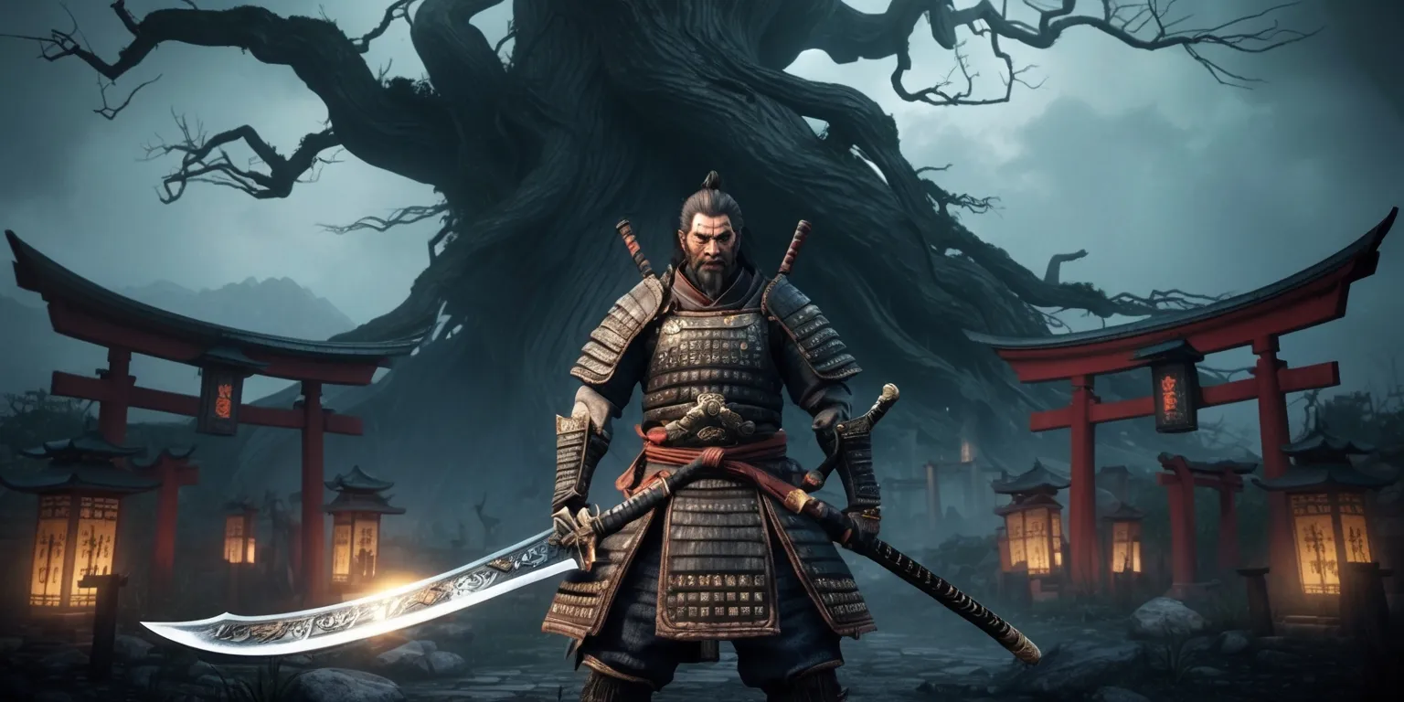 A dark fantasy action-adventure scene from Nioh 3, set in feudal Japan, with a lone samurai warrior standing victorious in the midst of a haunting, mystical landscape, surrounded by eerie lanterns and torii gates, with a massive, ancient tree looming in the background, its gnarled branches twisted and tangled, as the warrior holds a gleaming, intricately designed sword, adorned with traditional Japanese motifs, with a fierce, determined expression on his face, his skin weathered from battle, his eyes narrowed, and his traditional Japanese armor scarred and worn, with a subtle, ominous glow emanating from the environment, casting an air of foreboding and mystery, in a stylized, cinematic visual style, with deep, muted colors and dramatic lighting.