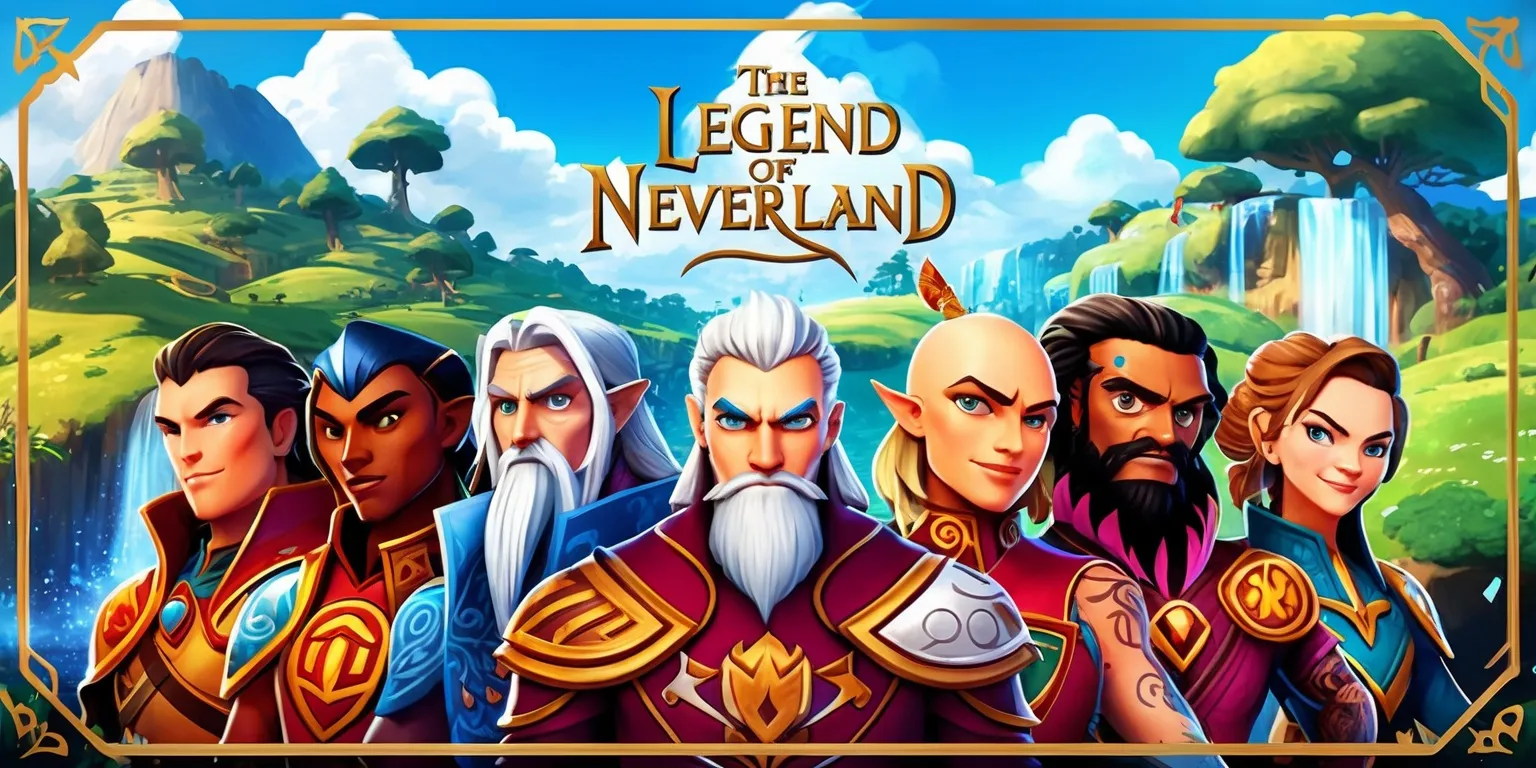 A vibrant fantasy-themed illustration depicting the magical world of The Legend of Neverland game, with a stunning landscape of rolling hills, towering trees, and sparkling waterfalls, set against a clear blue sky with fluffy white clouds, featuring a group of adventurous characters with distinctive facial features, varied skin colors, and unique attributes, including a brave warrior with a strong jawline and piercing blue eyes, a wise mage with a long white beard and spectacles, and a swift archer with a mischievous grin and intricate tattoos, all dressed in intricate costumes with embroidered logos and symbols, with bold lines, dynamic textures, and a mix of warm and cool colors, framed by a elegant golden border with the game's logo prominently displayed in a modern, cursive font style.