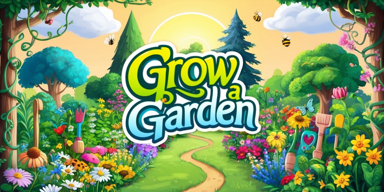 A whimsical illustration of a vibrant garden filled with diverse flowers, lush greenery, and towering trees, set against a warm sunny backdrop with fluffy white clouds, for the Grow a Garden game, featuring a variety of colorful gardening tools and a few friendly creatures, such as bees and butterflies, with the game's logo prominently displayed in a elegant, curly font with bright green and blue hues, surrounded by twisting vines and blooming flowers, with a shallow depth of field to emphasize the beauty of the garden, and a soft, watercolor-inspired texture to evoke a sense of wonder and curiosity.