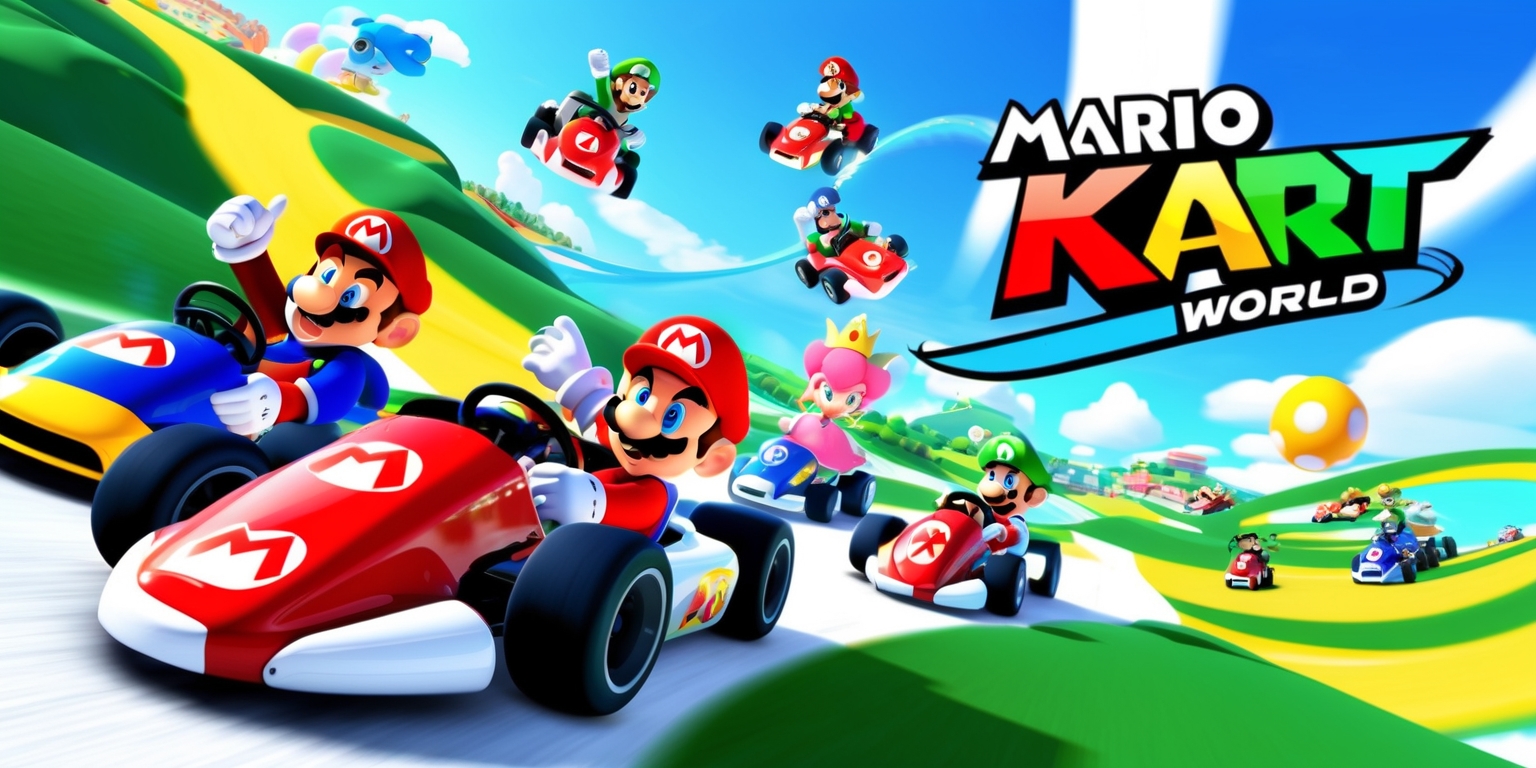 A colorful and vibrant digital artwork of the Mario Kart World game, set against a bright and airy landscape with rolling hills and winding tracks, featuring iconic characters such as Mario, Luigi, and Princess Peach, each with distinctive facial features and expressive poses, surrounded by sleek and stylized karts with bold logos and branding, incorporating a mix of blues and greens for the sky and terrain, with accents of red, yellow, and green for the characters and vehicles, in a dynamic and action-packed composition with a sense of speed and movement, with the game's title and logo prominently displayed in bold, curved letters with a futuristic and playful font style.