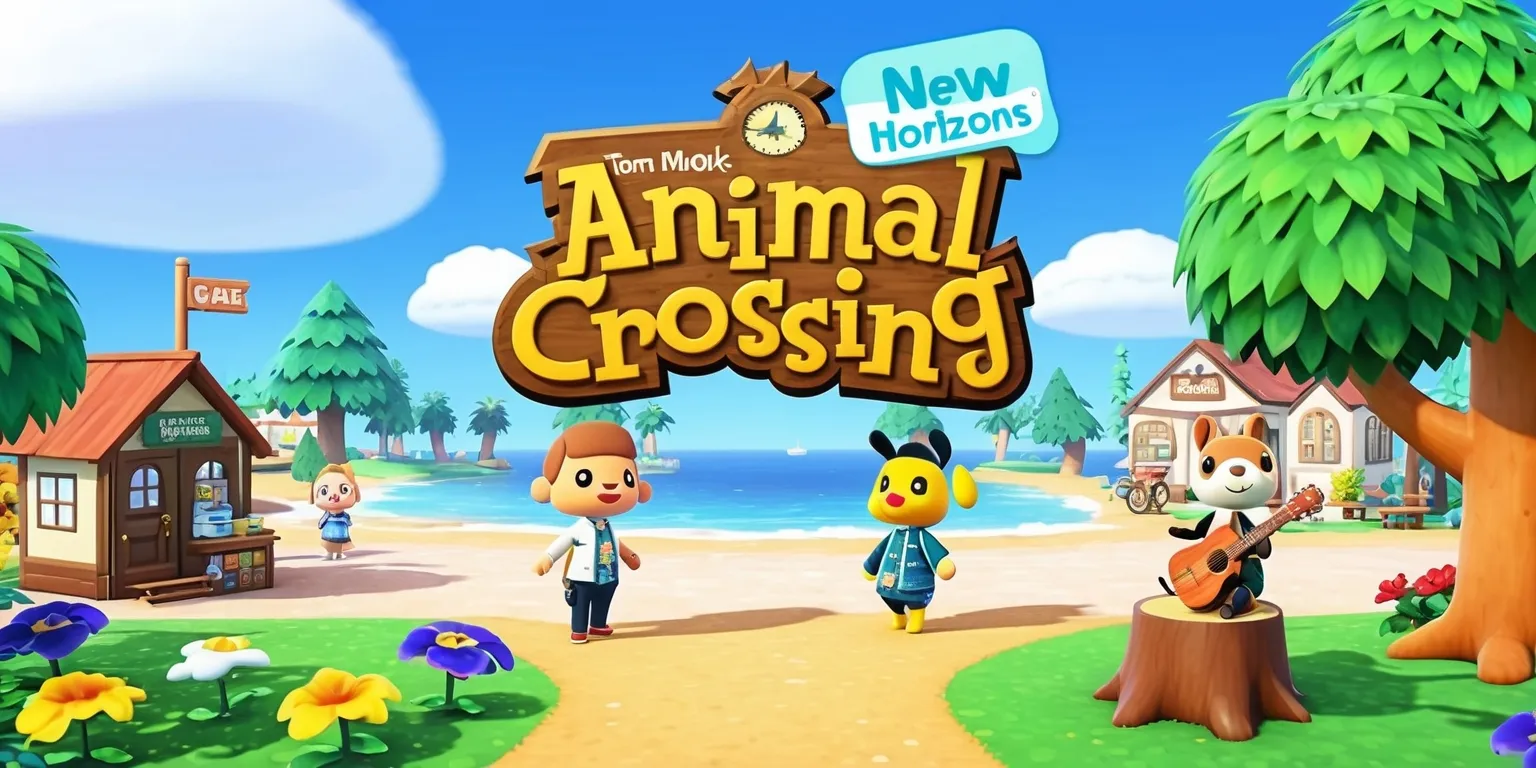 A colorful digital illustration depicting a scenic village from the Animal Crossing: New Horizons game, with a serene beach in the foreground and a few adorable characters from the game roaming around, including Tom Nook standing near his store and K.K. Slider sitting on a tree stump with his guitar, surrounded by lush green trees and vibrant flowers, under a bright blue sky with a few fluffy white clouds, with the game's logo prominently displayed in a fun, bold font at the top of the image, and the overall style inspired by the game's charming and whimsical art direction.