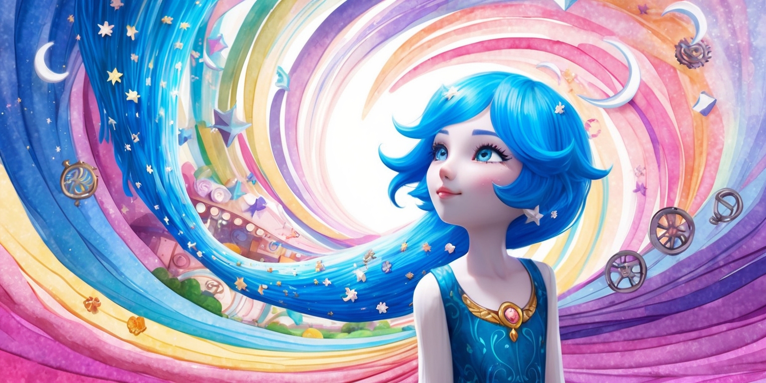 A fantastical illustration depicting the whimsical world of Infinity Nikki, a surreal video game-inspired dreamscape where Nikki, the game's protagonist, stands at the center, surrounded by a kaleidoscope of vibrant colors and swirling patterns. Her bright blue hair flows like a river of stars, cascading down her back as she gazes upwards, her eyes shining like diamonds against her porcelain skin. In the background, a swirling vortex of pastel hues stretches out to infinity, punctuated by scattered game-inspired elements like crescent moons, stars, and clockwork gears. The overall aesthetic is a mesmerizing blend of watercolor and digital media, with bold lines and soft textures. Nikki's facial expression is serene, yet mischievous, conveying a sense of wonder and adventure. The image is a visual representation of the game's essence, inviting the viewer to step into Nikki's fantastical realm.